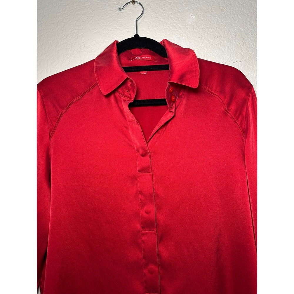 AK Anne Klein Red Silk Blend Hidden Button Down Blouse Long Sleeve Cuffed Shirt - Picture 5 of 9